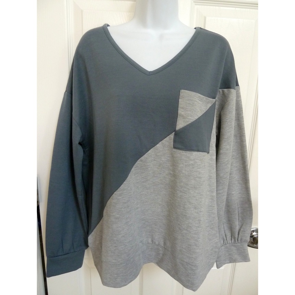 Steve Madden Womens Colorblock Sweatshirt Gray V-Neck Balloon Sleeve Large NWT